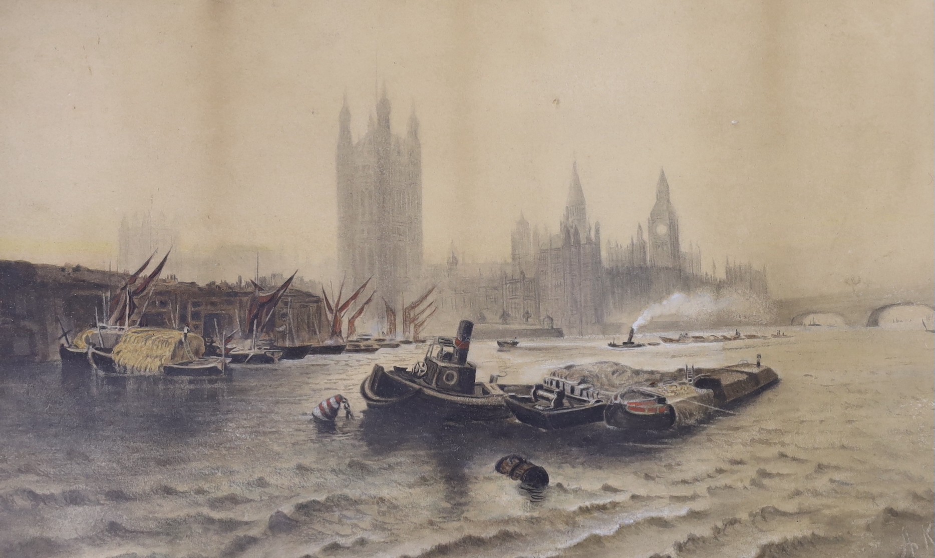 A. Kidd, watercolour, Barges before the Palace of Westminster, signed, 24 x 39cm
